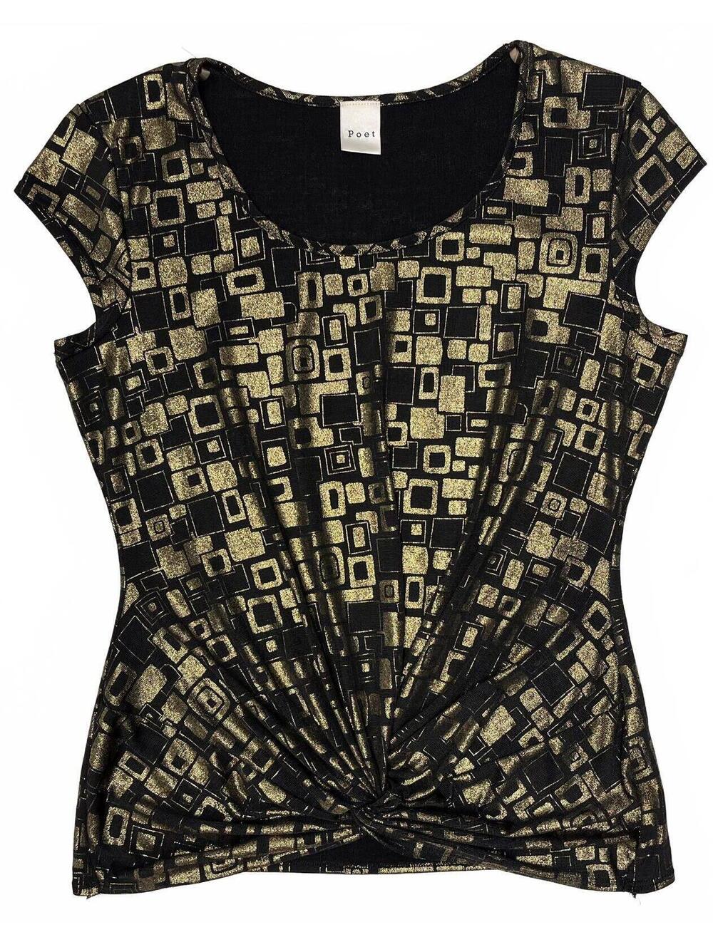 Vintage Poet Black Gold Metallic Geometric Print Cap Sleeve Top Canada Made XL